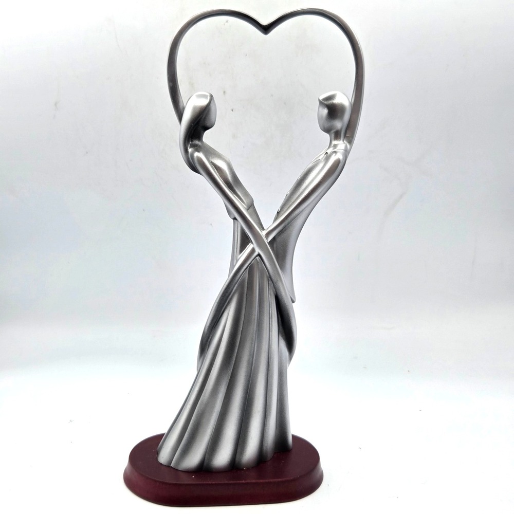 Silver over Resin‎ Statue of  Lovers Couple in a Heart Wooden Base 13" Tall